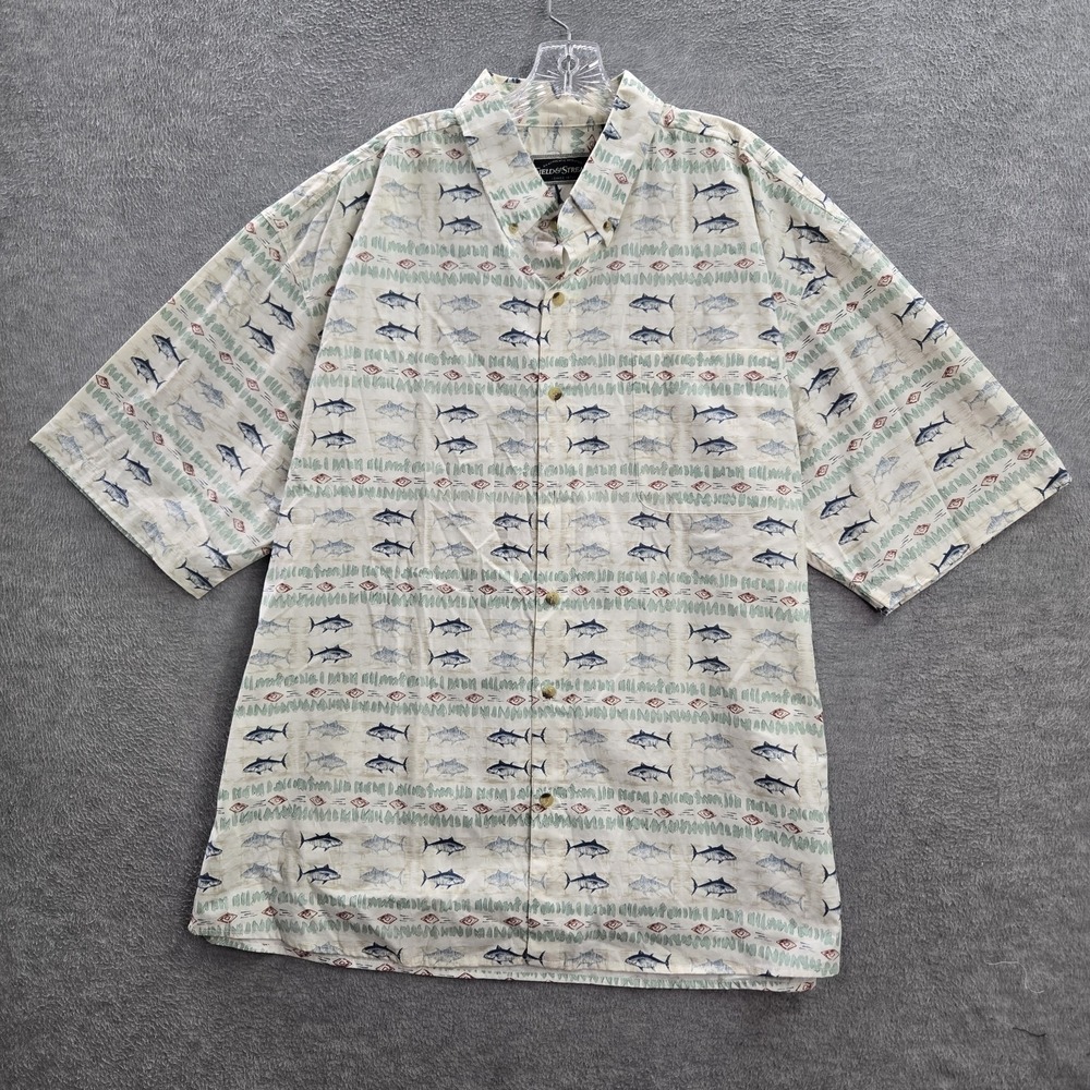 Field & Stream Men Button Up Shirt XL Beige VINTAGE Fish Hawaiian READ